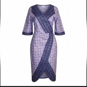 NIGERIAN M/ L POLISH COTTON PURPLE BLUE LAVENDER METALLIC  FAUX WRAP MIDI DRESS